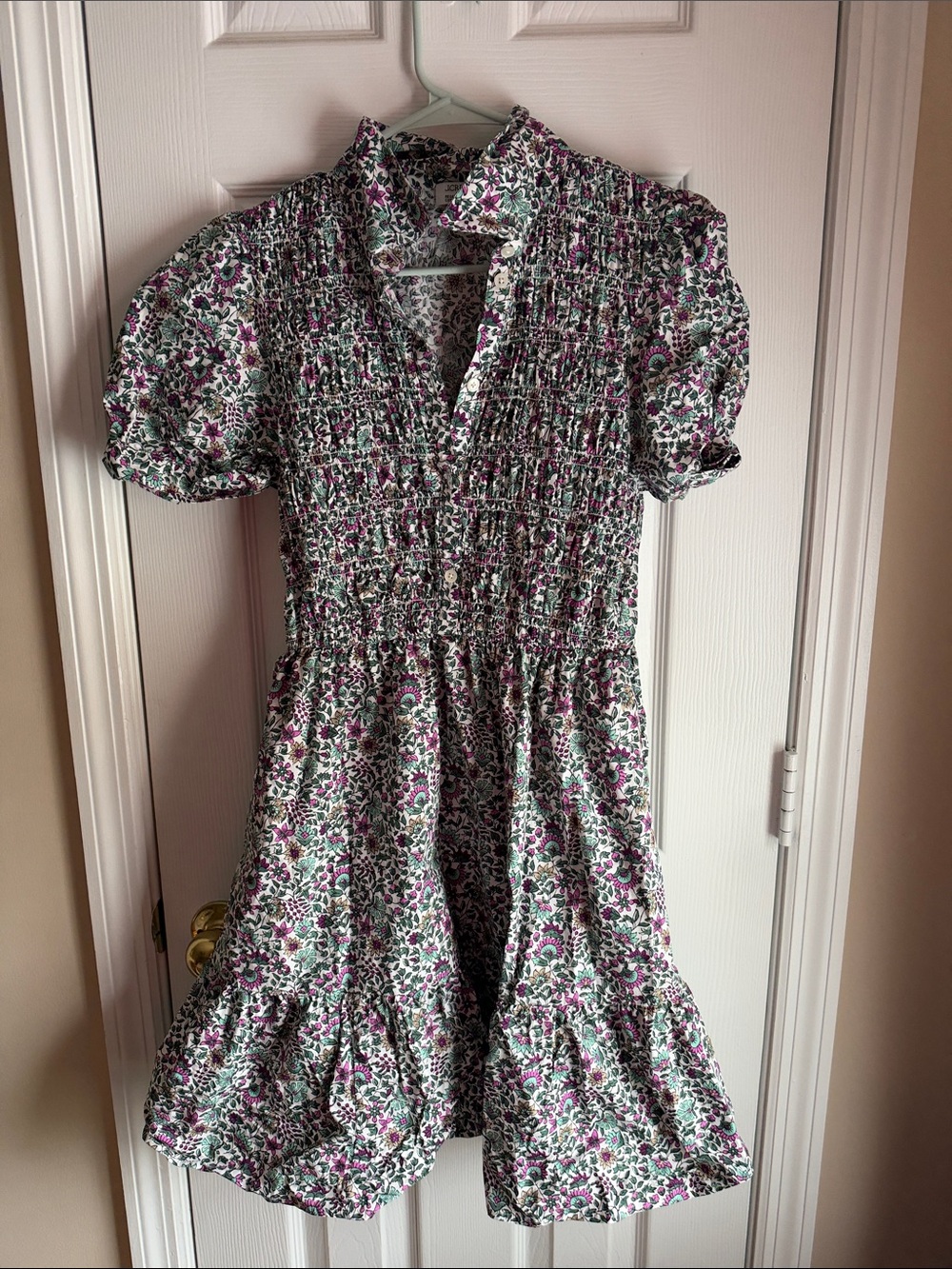 Smocked Floral Womens Dress in White, Pink & Green